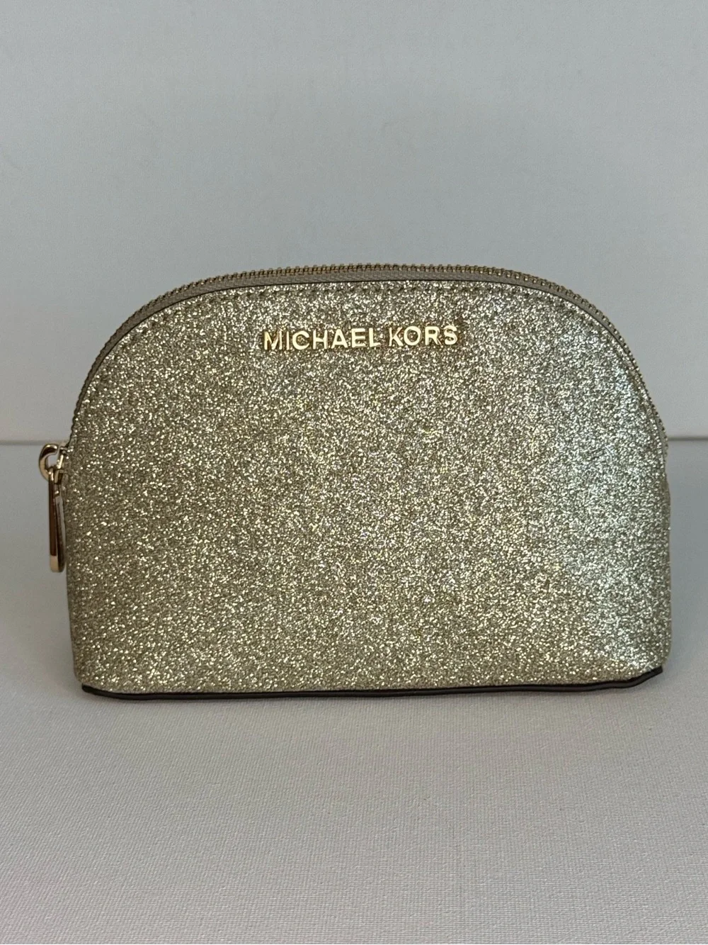 Michael Kors Gold Glitter Cosmetic Case Domed Travel Makeup Pouch Bag